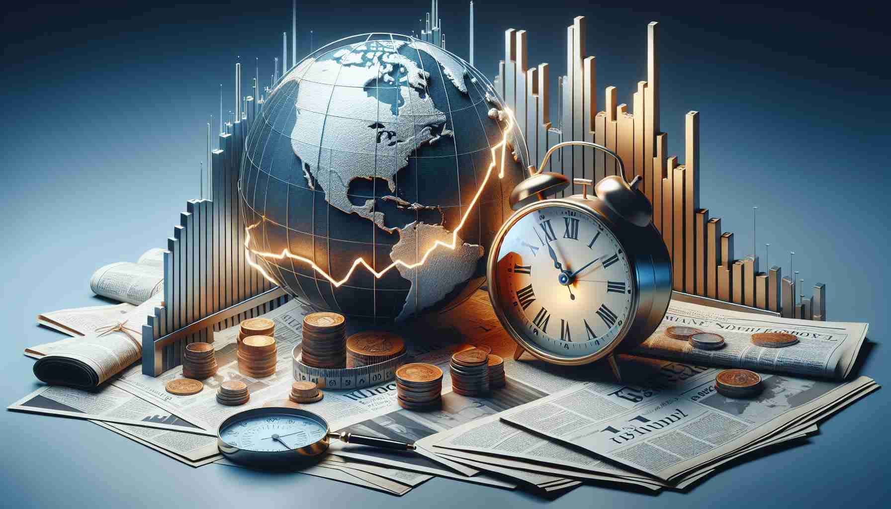 A high-definition, realistic image illustrating a conceptual interpretation of the upcoming CPI (Consumer Price Index) release. The scene may include elements to represent economic indicators, such as line graphs indicating price changes, clocks representing time, and newspapers with headlines related to inflation or consumer trends. Perhaps there is also a globe or world map on one side, emphasizing the global relevance and impact of this data. The color palette could be composed of subtle, professional tones, suggesting a serious, economic theme.