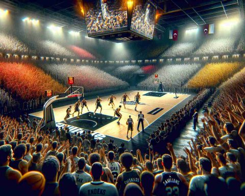 A realistic high definition image showcasing a tense scene of a basketball team, referred to as 'Spurs', on the court in a fully packed stadium located in Istanbul. The crowds are vibrant, roaring with excitement, their faces painted with mixed colours of passion and anticipation. The Spurs are in action, displaying their sports skills amidst the deafening cheers of the crowd, encapsulating the essence of this highly anticipated game.