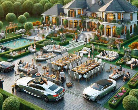 A realistic highly-detailed image of the lifestyle of a newly affluent group, showcasing the sumptuousness of their lives. The scene could include a grand mansion with luxury cars parked in the driveway, a sprawling garden teeming with exotic plants, an opulent dining setting prepared for a feast, individuals garbed in stylish, high-fashion attire, and expensive pieces of jewelry. Displaying visible signs of their newfound wealth, each of their assets showcase the extravagance of high living attracted by their success.