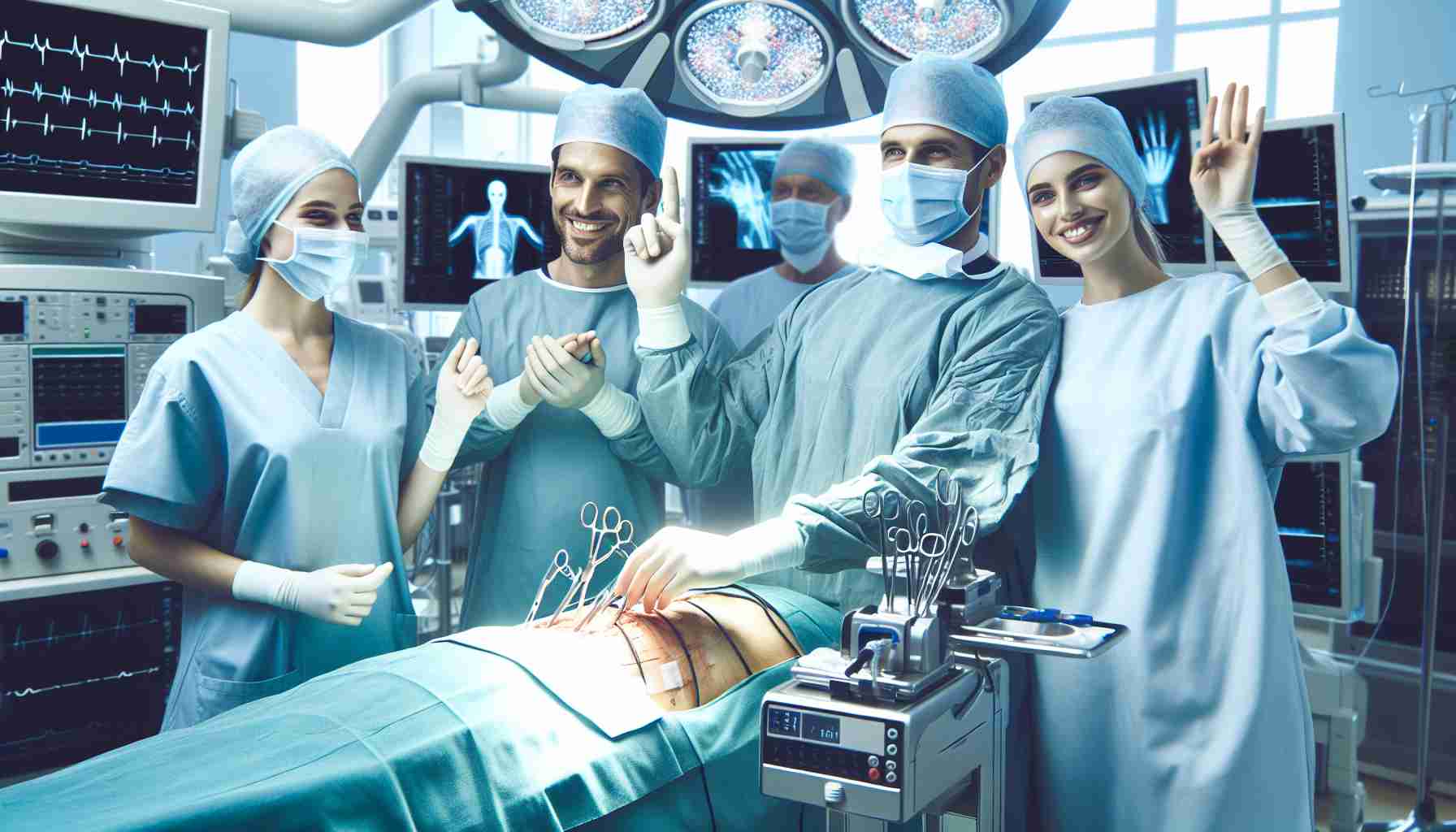 Realistic HD photo of a revolutionary moment in the field of surgery at an advanced medical center. Picture suggests a milestone achievement being celebrated, exemplified by pleased medical professionals using cutting-edge surgical technology amidst the sterile, well-equipped environment of a contemporary operating room.