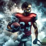 Generate a high-definition, photorealistic depiction of a metaphorical scene symbolizing a running back in fantasy football. The player, an athletic South Asian male, stands shrouded by mists of uncertainty, symbolizing doubt about his potential. His uniform is vivid, the team logo catching the light, and a football is tightly held under his arm. To provide context, consider adding a hint of a football field in the background.