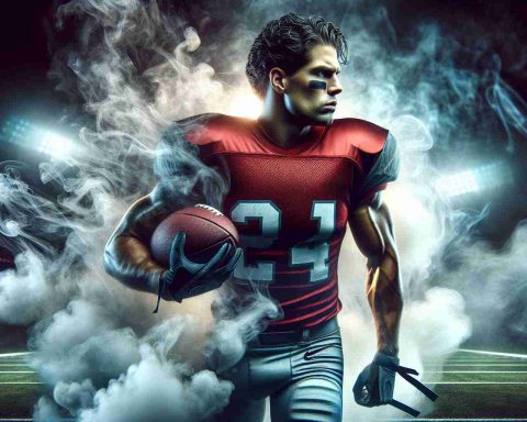 Generate a high-definition, photorealistic depiction of a metaphorical scene symbolizing a running back in fantasy football. The player, an athletic South Asian male, stands shrouded by mists of uncertainty, symbolizing doubt about his potential. His uniform is vivid, the team logo catching the light, and a football is tightly held under his arm. To provide context, consider adding a hint of a football field in the background.