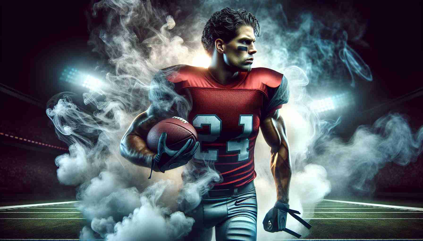 Generate a high-definition, photorealistic depiction of a metaphorical scene symbolizing a running back in fantasy football. The player, an athletic South Asian male, stands shrouded by mists of uncertainty, symbolizing doubt about his potential. His uniform is vivid, the team logo catching the light, and a football is tightly held under his arm. To provide context, consider adding a hint of a football field in the background.