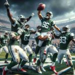 High-definition, realistic representation of an unexpected and surprising victory by the Jets over the Texans in an intense football match. Show the triumphant team, the Jets, in their green and white uniforms, euphorically celebrating, perhaps with some players raised on their teammates' shoulders, a football in their hands, on a packed football field. The crowd, tensely watching from the stands moments ago, is now erupting in cheers and applause.