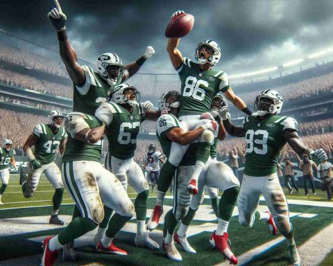 High-definition, realistic representation of an unexpected and surprising victory by the Jets over the Texans in an intense football match. Show the triumphant team, the Jets, in their green and white uniforms, euphorically celebrating, perhaps with some players raised on their teammates' shoulders, a football in their hands, on a packed football field. The crowd, tensely watching from the stands moments ago, is now erupting in cheers and applause.