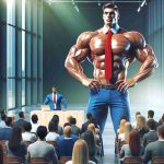 Realistic high-definition image depicting a muscular individual with a prominent physique, showcasing a groundbreaking role in the health sector. The person is confidently presenting a new health initiative, standing before a crowd of diverse onlookers. His attire consists of a blue suit, white collared shirt and a vibrant red tie, symbolizing his commitment and passion towards revolutionizing health and wellness.