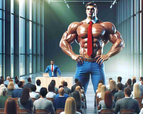 Realistic high-definition image depicting a muscular individual with a prominent physique, showcasing a groundbreaking role in the health sector. The person is confidently presenting a new health initiative, standing before a crowd of diverse onlookers. His attire consists of a blue suit, white collared shirt and a vibrant red tie, symbolizing his commitment and passion towards revolutionizing health and wellness.