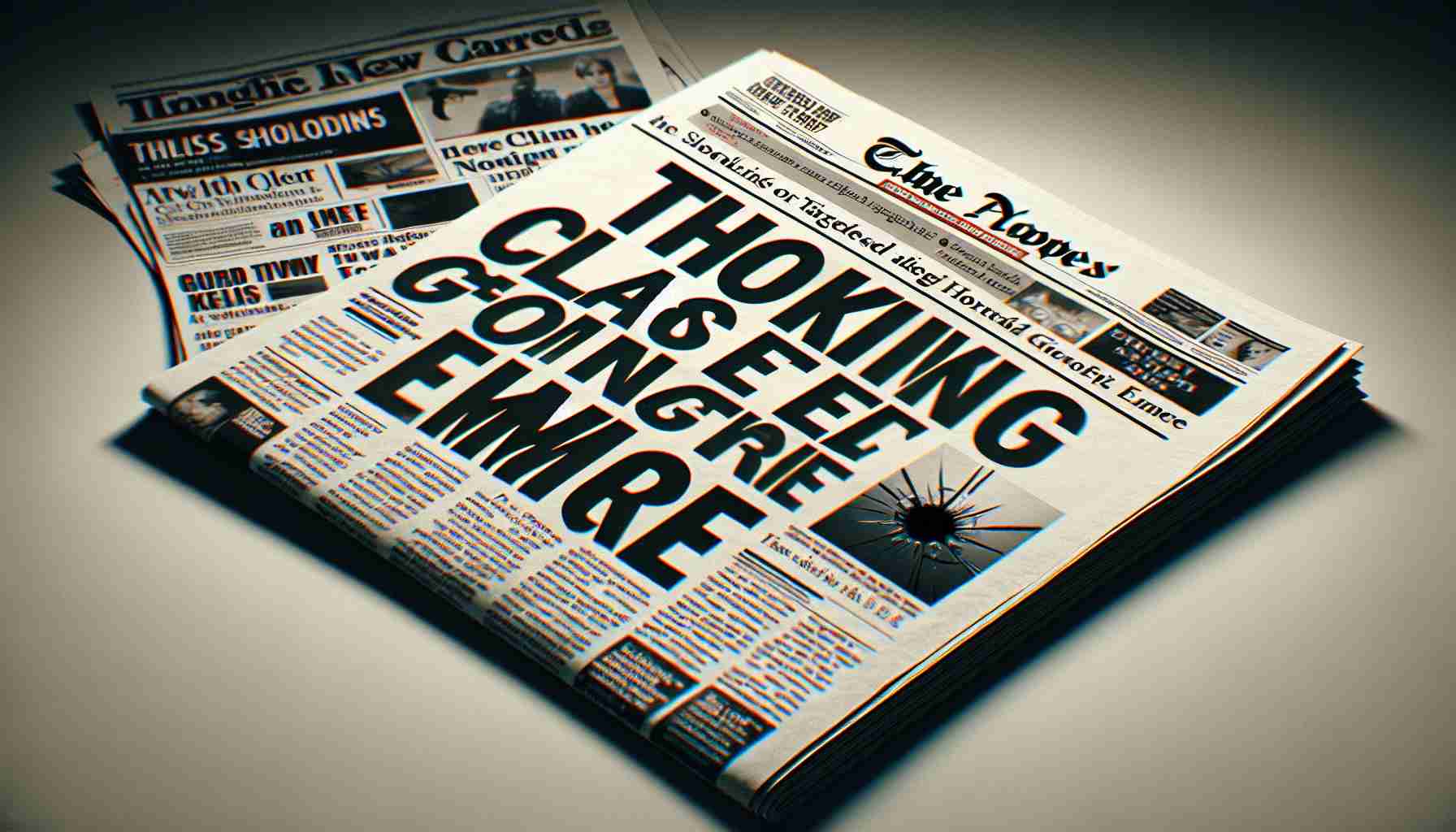 A realistic high-definition image of a newspaper or article headline that reads 'Shocking Claims of Targeted Gunfire Emerge'. It gives the appearance of being printed on a high-quality glossy paper with clearly legible and bold black letters against a light background for contrast. The article should be surrounded by an typical newspaper layout with other unrelated news items and ads around it, all blurred out to focus on the main headline. Please also include a generic placeholder photo related to the headline accompanying the article - it could be an abstract silhouette of a person, or a symbolic representation like a broken window maybe.