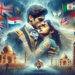 Generate a realistic HD image depicting the concept of a film phenomenon titled 'Unstoppable Romance' captivating the world. Visualize an imaginary movie poster with vibrant colors and emotional appeal. Picture a youthful, interracial couple in Victorian attire (a South Asian woman and Caucasian man) embracing under a storm. Include symbolic elements depicting global popularity, such as multiple flags, international landmarks like the Eiffel Tower, Statue of Liberty, and Taj Mahal blurred in the background.