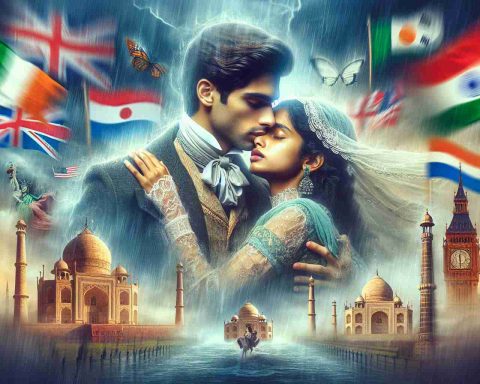 Generate a realistic HD image depicting the concept of a film phenomenon titled 'Unstoppable Romance' captivating the world. Visualize an imaginary movie poster with vibrant colors and emotional appeal. Picture a youthful, interracial couple in Victorian attire (a South Asian woman and Caucasian man) embracing under a storm. Include symbolic elements depicting global popularity, such as multiple flags, international landmarks like the Eiffel Tower, Statue of Liberty, and Taj Mahal blurred in the background.