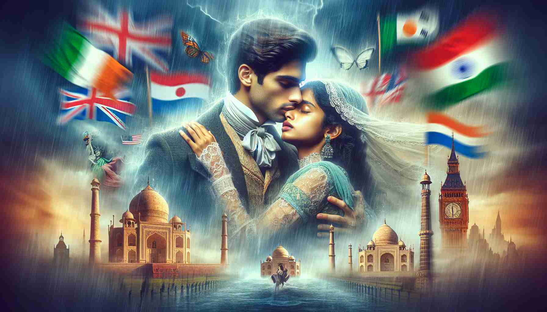 Generate a realistic HD image depicting the concept of a film phenomenon titled 'Unstoppable Romance' captivating the world. Visualize an imaginary movie poster with vibrant colors and emotional appeal. Picture a youthful, interracial couple in Victorian attire (a South Asian woman and Caucasian man) embracing under a storm. Include symbolic elements depicting global popularity, such as multiple flags, international landmarks like the Eiffel Tower, Statue of Liberty, and Taj Mahal blurred in the background.