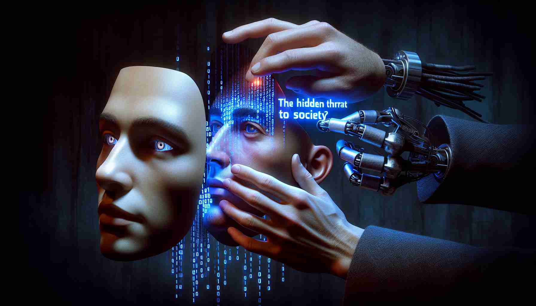 Hyper-realistic high-definition image of a conceptual representation of the issue of deepfake, considered as a hidden threat to society. The scene includes a person's hand pulling off a digital mask from a face, revealing another face beneath. Both faces belong to individuals of undisclosed identities pleasingly. The hand mechanism is filled with binary codes indicating AI involvement, signifying the manipulation behind it. The background could be dark and ominous with the text 'The hidden threat to society' written, emphasizing the covert detrimental effect deepfakes can have.