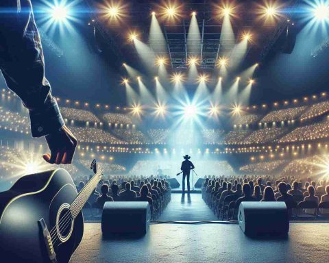 Generate an HD image capturing preparation for a truly memorable evening with a renowned Country music artist. The scene should depict the pre-concert hype with shiny stage lights, a beautifully decorated venue with people excitedly waiting, and distant backstage where a silhouette of a Country singer grasping a guitar is just visible. The atmosphere is filled with anticipation and excitement.