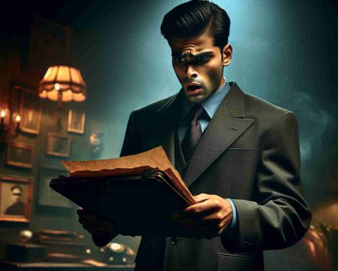 HD illustration of a dramatic scene interpreting the concept of betrayal. Picture the following: An individual dressed in a typical suit and tie, implying a profession related to intelligence or espionage. This person, of South Asian descent and male, appears shocked as they are presented with an incriminating file that contains secrets. He's in an atmospheric room with dim lighting and vintage decor, suggesting a clandestine operation. Make sure to convey a strong sense of emotion, anxiety, and impending doom.