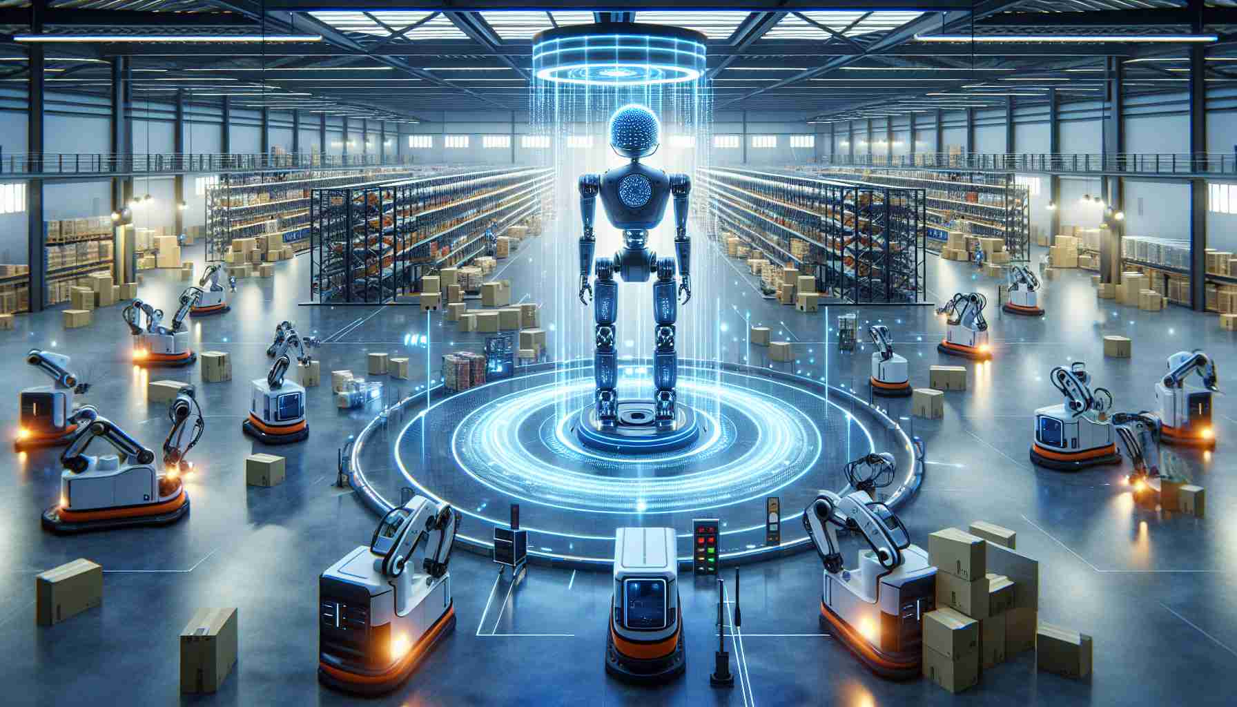 Create a high definition, realistic image presenting the scene of an advanced warehouse environment where cutting-edge robots are spearheading a revolution in efficiency. Showcase a central robot that is paradigm-shifting and could potentially alter the dynamics of warehouse logistics completely. Various state-of-the-art robots are attending to their tasks uniformly around the facility, indicating smooth operations. The central robot showcases innovative features that clearly set it apart from the rest, suggesting significant advancement.