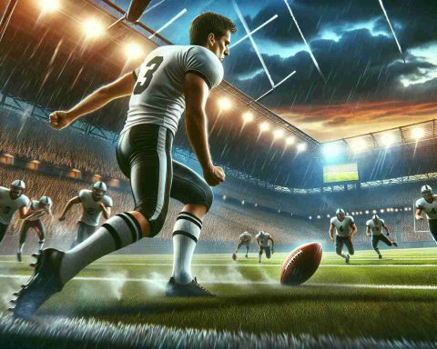 A vivid, high-definition depiction of an ongoing football game. The theme is frustration stemming from a string of unsuccessful kick attempts, as is characteristic of a team experiencing issues with its kicking strategy. A new player is emerging in the scene, possibly a hopeful contender for the problematic position, charging onto the football field with determination in his eyes. The stands are filled with spectators, their excited or anxious expressions reflecting the tension of the match. The pitch is well-lit, the players in action, and the game at a critical turning point. The image should presuppose the poised potential for a change in the game's momentum.