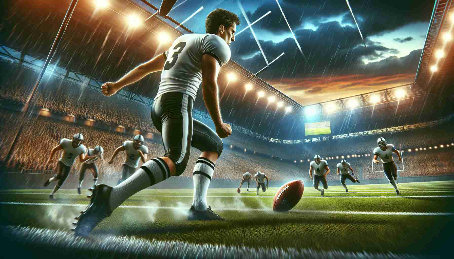 A vivid, high-definition depiction of an ongoing football game. The theme is frustration stemming from a string of unsuccessful kick attempts, as is characteristic of a team experiencing issues with its kicking strategy. A new player is emerging in the scene, possibly a hopeful contender for the problematic position, charging onto the football field with determination in his eyes. The stands are filled with spectators, their excited or anxious expressions reflecting the tension of the match. The pitch is well-lit, the players in action, and the game at a critical turning point. The image should presuppose the poised potential for a change in the game's momentum.