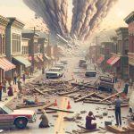 Create a photo-realistic, high-definition image depicting the aftermath of a seismic shakeup in a small town in Missouri. Show scattered debris, dislocated roadblocks, and alarmed citizens observing the unexpected tremor's aftermath.