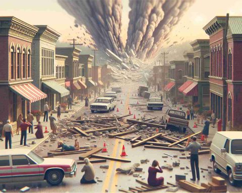 Create a photo-realistic, high-definition image depicting the aftermath of a seismic shakeup in a small town in Missouri. Show scattered debris, dislocated roadblocks, and alarmed citizens observing the unexpected tremor's aftermath.