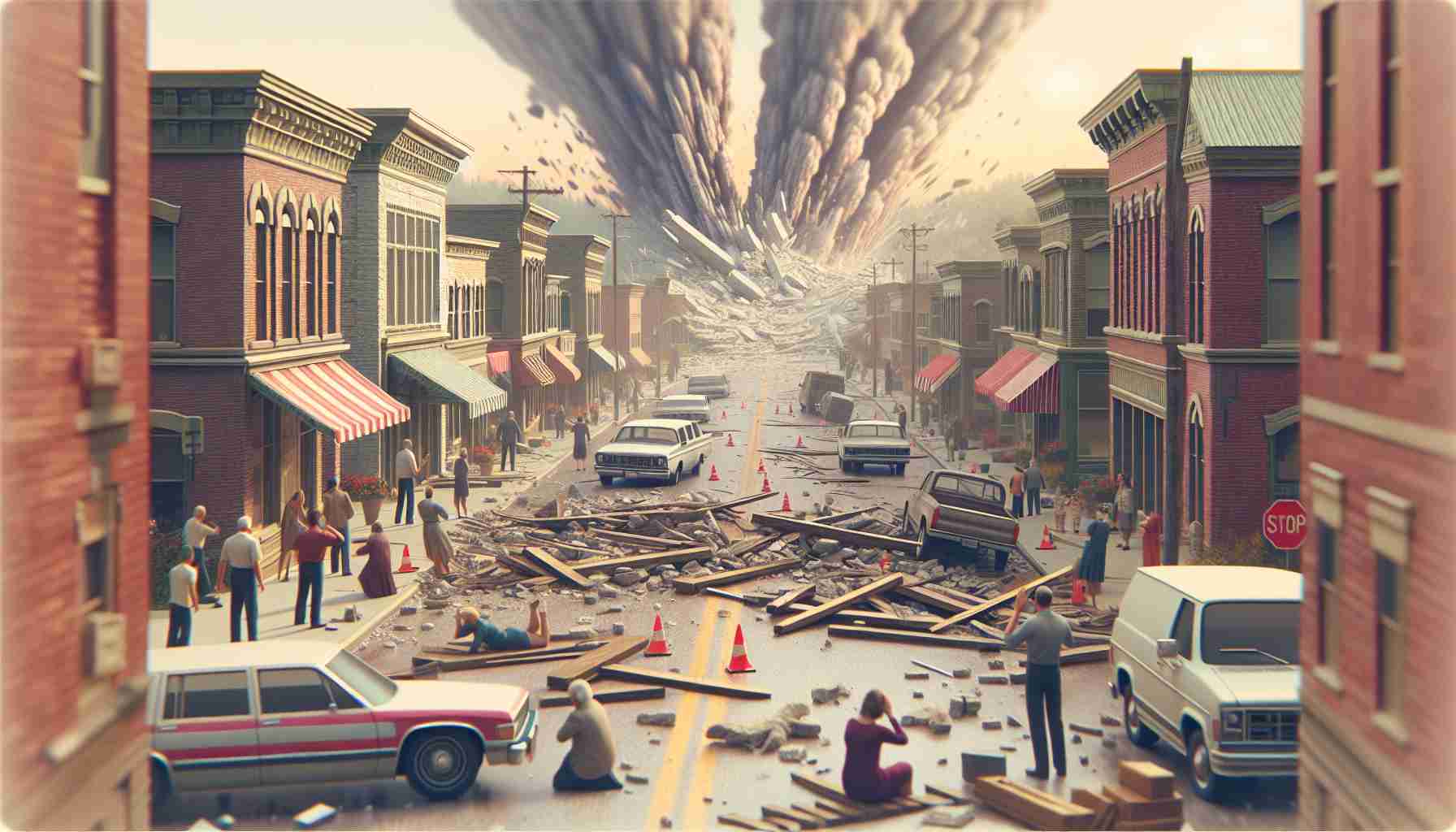 Create a photo-realistic, high-definition image depicting the aftermath of a seismic shakeup in a small town in Missouri. Show scattered debris, dislocated roadblocks, and alarmed citizens observing the unexpected tremor's aftermath.