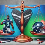 Create a high-definition, realistic scene comprising the concerns of an American football team, colorfully symbolized by a pair of scales. On one side, represent the concept of 'stay' with the image of a generic African-American male football player, donned in Seahawks gear, ready for action. On the other side, represent the concept of 'go' with an empty football helmet and a contract. Make sure to depict this as a thoughtful dilemma.