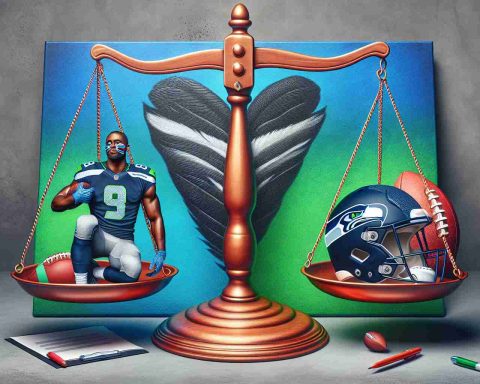 Create a high-definition, realistic scene comprising the concerns of an American football team, colorfully symbolized by a pair of scales. On one side, represent the concept of 'stay' with the image of a generic African-American male football player, donned in Seahawks gear, ready for action. On the other side, represent the concept of 'go' with an empty football helmet and a contract. Make sure to depict this as a thoughtful dilemma.