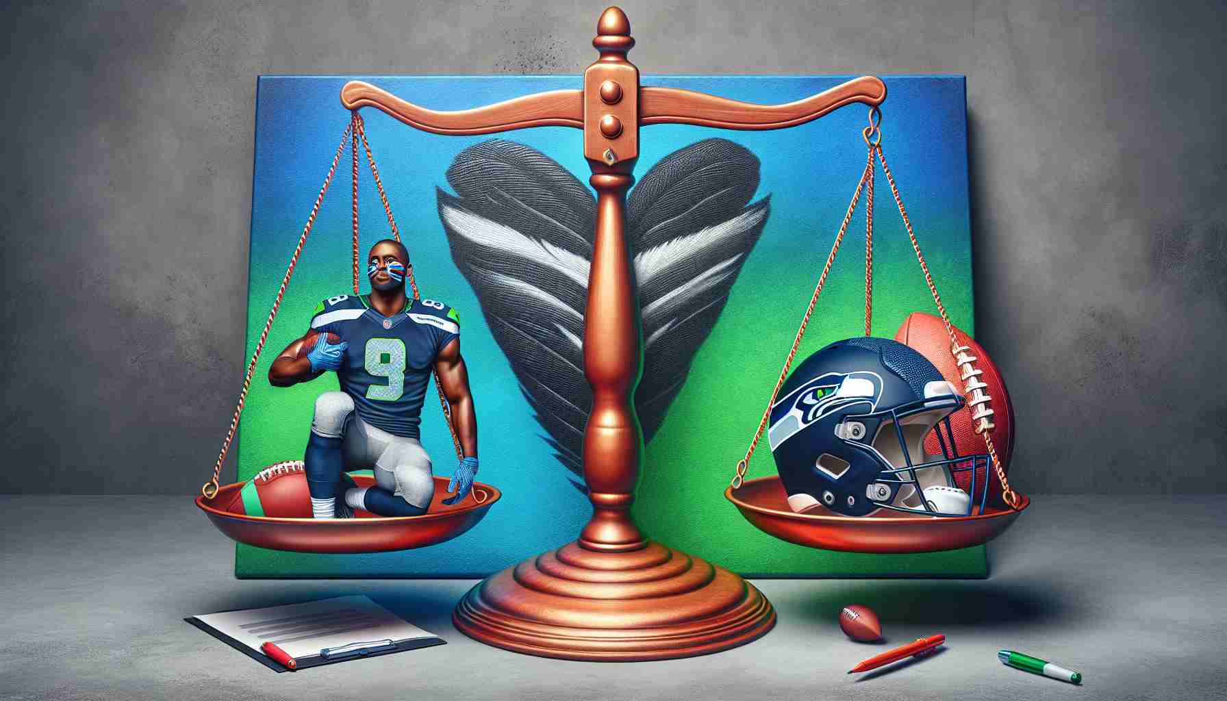 Create a high-definition, realistic scene comprising the concerns of an American football team, colorfully symbolized by a pair of scales. On one side, represent the concept of 'stay' with the image of a generic African-American male football player, donned in Seahawks gear, ready for action. On the other side, represent the concept of 'go' with an empty football helmet and a contract. Make sure to depict this as a thoughtful dilemma.