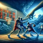 Generate a realistic, high-definition image depicting a metaphorical representation of a basketball game between two professional teams named 'Rockets' and 'Clippers'. The 'Rockets' are shown in a challenging situation, indicating a rough season, but they're striving hard to turn the tables. In the background, a score board is visible providing suspense if they can overcome their obstacles.