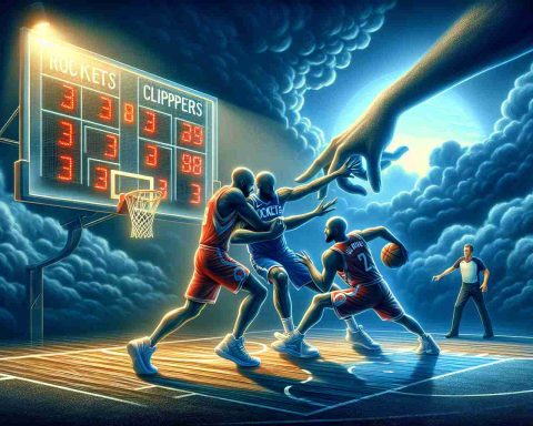 Generate a realistic, high-definition image depicting a metaphorical representation of a basketball game between two professional teams named 'Rockets' and 'Clippers'. The 'Rockets' are shown in a challenging situation, indicating a rough season, but they're striving hard to turn the tables. In the background, a score board is visible providing suspense if they can overcome their obstacles.