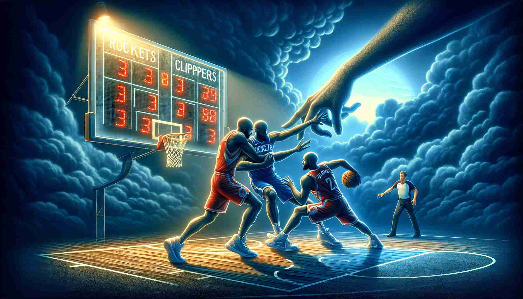 Generate a realistic, high-definition image depicting a metaphorical representation of a basketball game between two professional teams named 'Rockets' and 'Clippers'. The 'Rockets' are shown in a challenging situation, indicating a rough season, but they're striving hard to turn the tables. In the background, a score board is visible providing suspense if they can overcome their obstacles.