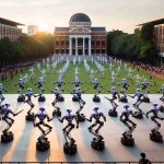 An HD picture showcasing a remarkable scene where robots are dancing, creating a mesmerizing spectacle at a university setting. The robots are constructed with a modern design, displaying the advancement in robotics. They are performing rhythmic motions in sync with each other, catching the attention of onlookers. The backdrop is a typical university environment with an open area, brick buildings, and lush greenery. The setting is at twilight, with the descending sun casting long and dramatic shadows, adding a pleasant hue to the environment.