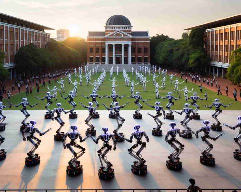 An HD picture showcasing a remarkable scene where robots are dancing, creating a mesmerizing spectacle at a university setting. The robots are constructed with a modern design, displaying the advancement in robotics. They are performing rhythmic motions in sync with each other, catching the attention of onlookers. The backdrop is a typical university environment with an open area, brick buildings, and lush greenery. The setting is at twilight, with the descending sun casting long and dramatic shadows, adding a pleasant hue to the environment.