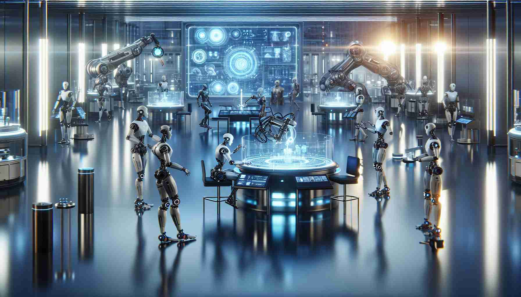 An HD photo of the surprising future of robotics. The scene depicts a revolution in advanced technology where lifelike automatons perform complex tasks with precision. An array of uniquely designed robots demonstrating various functionalities - some are interacting with digital interfaces, some are engaged in intricate manufacturing tasks, and some are replicating human-like movements. The overall setting is futuristic with sleek, polished surfaces and ambient lighting with robots constructed from high-tech materials, exhibiting an impressive level of artificial intelligence. The environment reflects the concept of 'Revolutionizing Tomorrow.'