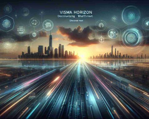 An HD image showcasing the concept of 'Visma Horizon: Revolutionizing the Future. Discover What’s Next'. Depict an alluring horizon gradually transitioning from dusk to dawn symbolizing progress and innovation. Add visual elements that represent newness like emerging technologies, cutting-edge designs, and possible future trends. The scene set in a futuristic cityscape poised at the brink of a new era. Feature this transformation as a gradual shift from traditional to advanced, demonstrating the future of technology and innovation.