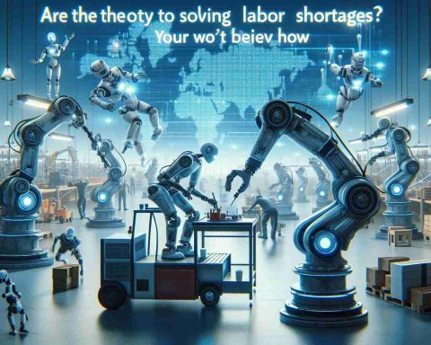 A high-definition realistic image depicting a scene where robots are being used in various industries, such as manufacturing, agriculture, and healthcare, to mitigate labor shortages. The robots demonstrate advanced agility and multi-tasking skills, performing tasks that you might find hard to believe. Include the text 'Are Robots the Key to Solving Labor Shortages? You Won’t Believe How' somewhere in the image.