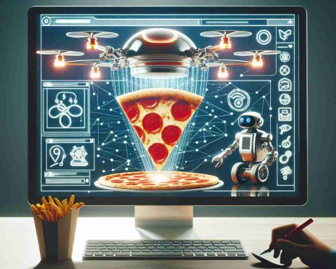 Create a high-resolution, speculative image about the connection between a well-known pizza company and a popular online forum platform. The image should reflect a futuristic vision of pizza delivery. It might include advanced technology concepts such as autonomous drone delivery, robotic pizza makers, or virtual reality pizza customization interfaces. Keep the branding general, using an abstract pizza logo and a simple symbol to represent an online community, avoiding specific brand names or logos.