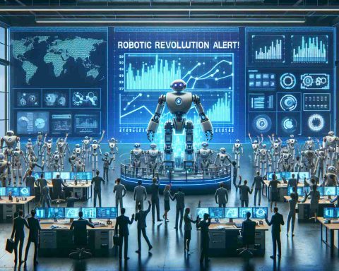 Create a realistic high-definition image depicting a 'Robotic Revolution Alert!' The scene should show a cutting-edge tech company's laboratory filled with innovative robots in various stages of development. Emphasize a sense of major funding boost with visuals like financial graphs on digital screens showing positive growth trends, piles of investment documents, and employees celebrating their financial success.