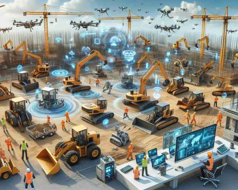 High-definition realistic image of a future-oriented scene where construction vectors are revolutionizing building processes. The picture depicts various construction machines incorporated with advanced technology effectively carrying out tasks on a construction site. The scene includes autonomous cranes lifting building materials, drones surveying the terrain, and robotic bulldozers in action. Also include some construction workers, of different descents such as Caucasian, Hispanic, and South Asian, operating these machines from comfortable workstations. Each of these elements symbolizes the unlocking of the future in building construction.