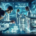 A futuristic high definition image illustrating the concept of liquid technology, set in a computer lab. A dedicated team of researchers, working diligently. Depict a Hispanic woman and a Middle-Eastern man, both clad in essential lab safety gear, conducting experiments on computer components which appear to be immersed in a translucent, luminescent liquid. Another Caucasian male researcher is documenting the observations on a digital device. The room is drenched in cool blue light, accentuating the modern, advanced atmosphere. Visible in the backdrop, a dynamic digital board reads, 'The Future is Liquid! Get Ready for the Next Wave'.