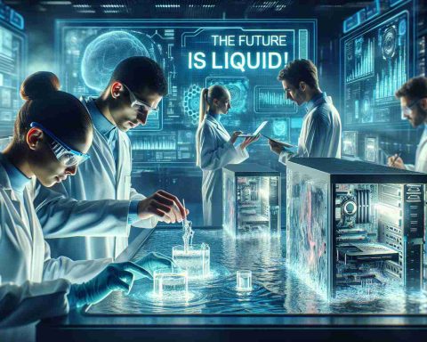 A futuristic high definition image illustrating the concept of liquid technology, set in a computer lab. A dedicated team of researchers, working diligently. Depict a Hispanic woman and a Middle-Eastern man, both clad in essential lab safety gear, conducting experiments on computer components which appear to be immersed in a translucent, luminescent liquid. Another Caucasian male researcher is documenting the observations on a digital device. The room is drenched in cool blue light, accentuating the modern, advanced atmosphere. Visible in the backdrop, a dynamic digital board reads, 'The Future is Liquid! Get Ready for the Next Wave'.