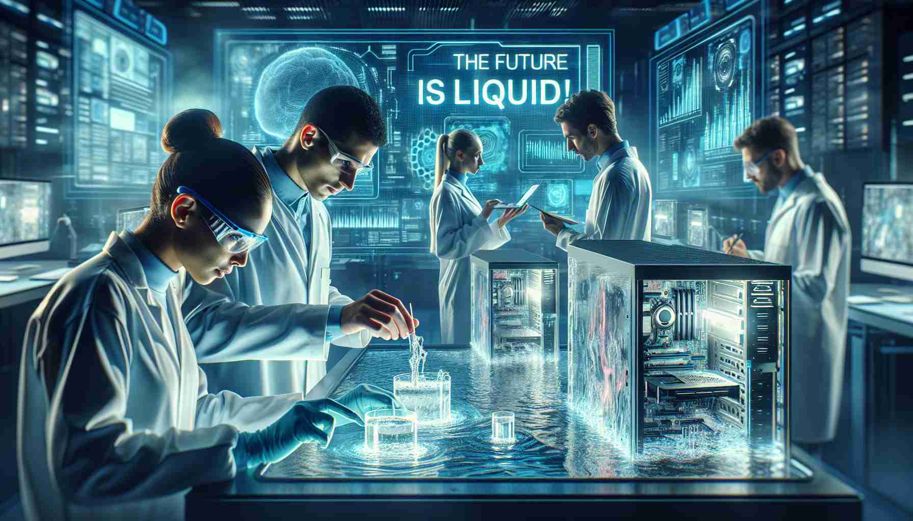 A futuristic high definition image illustrating the concept of liquid technology, set in a computer lab. A dedicated team of researchers, working diligently. Depict a Hispanic woman and a Middle-Eastern man, both clad in essential lab safety gear, conducting experiments on computer components which appear to be immersed in a translucent, luminescent liquid. Another Caucasian male researcher is documenting the observations on a digital device. The room is drenched in cool blue light, accentuating the modern, advanced atmosphere. Visible in the backdrop, a dynamic digital board reads, 'The Future is Liquid! Get Ready for the Next Wave'.