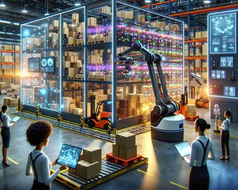 High-definition image illustrating the revolution of logistics through the integration of material handling systems, artificial intelligence, and Internet of Things (IoT). The scene showcases a modern warehouse where automation is key: robotic arms sorting packages, autonomous forklifts transporting goods, and a digital control center with AI algorithms optimizing the workflow. IoT devices facilitate seamless communication between machines. Captivating lights of the hardware, bounds of multicolored wires depict the advanced technology used. A diverse team of logistics professionals, including a Black female engineer and a Caucasian male supervisor, is overseeing the operations ensuring functionality.