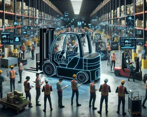 Generate a high-definition, realistic image that visualizes the concept of revolutionizing safety in the context of forklift trucks. The image should depict a futuristic take on forklift trucks with features that enhance safety. Imagine elements like advanced control systems, sensors for obstacle detection, warning lights, and autonomous operation. The setting can be a busy warehouse with workers of various genders, including male, female and gender diverse individuals and individuals of diverse descent such as Caucasian, Hispanic, Black, Middle-Eastern, South Asian. They are all involved in various tasks while these innovative forklifts weave around efficiently, making the work environment safer and more productive.