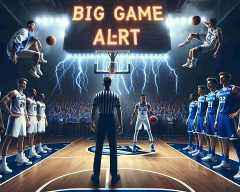 Create a realistic high-definition image of a tension-filled scene depicting a basketball showdown. On one side of the court, there's a determined team dressed in blue and white, representing Villanova. On the other side, stands another team, equally motivated, draped in blue, symbolizing Creighton. Both teams are poised as if ready for a crucial play. High above, an electrified banner proclaims 'Big Game Alert', adding to the anticipation. However, the outcome remains uncertain, leaving the viewer to wonder - Who will come out on top?