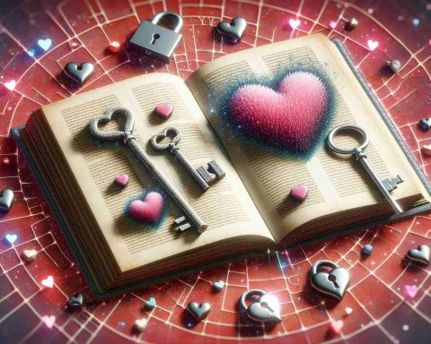 Create an abstract representation of the concept 'Unlocking Secrets of Desire', with imagery suggesting keys, hearts, and an open book, perhaps with the word 'Babygirl' subtly integrated within the page's text. Render this scene with a high level of detail and realism.