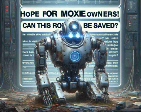 Generate a realistic, high-definition image showing a distressed-looking robotic unit, potentially in need of repair. The robot has modern design elements, communicating advanced technology. In the foreground, there's a significant foreground implies an emotion of sincere hope and optimism with text overlay that reads 'Hope for Moxie Owners! Can This Robot Be Saved?'