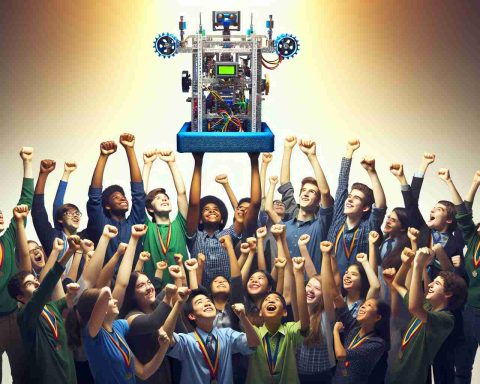 Generate a high-definition, realistic photo that captures a monumental achievement. The image should feature an enthusiastic local high school robotics team, radiating success and pride. The team should consist of students of variable descents including South Asian, Caucasian, Hispanic, Black, and Middle-Eastern, of both male and female genders. Details in the picture can include hands raised in celebration, a complex looking robot they have built, and perhaps trophies or medals they have won.