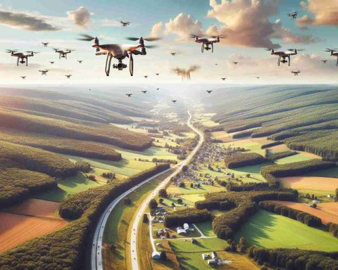 Generate a detailed, high-definition image of multiple drones flying in the open skies of Pennsylvania, capturing the diverse terrain including dense forests and sprawling farmland, with a surprise element added to enhance the unpredictability of the scene.