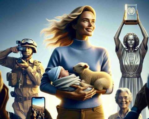 Create a high-definition realistic image showcasing a model's monumental year. In the scene, she's holding a newborn baby in her arms and also holds a prestigious award, demonstrating her outstanding achievement in her field. The model is lean with long blonde hair and radiant in her success.