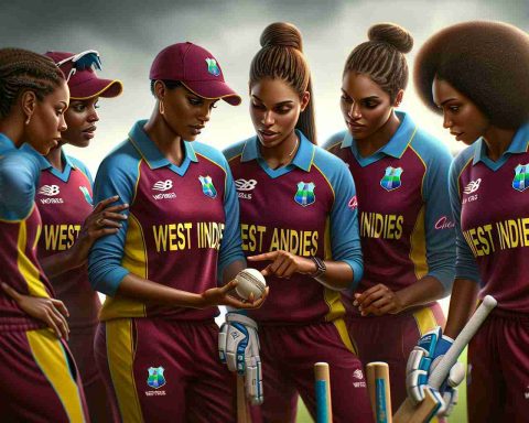 Realistic high definition image showcasing the teammates of a women's cricket team from the West Indies, engrossed in a deep discussion. Depict them strategizing, geared with jerseys and equipment as they prepare for an anticipation-filled One Day International (ODI) cricket showdown. Be sure to convey the tense atmosphere around, brimming with hope and the will to turn the tide of the game.